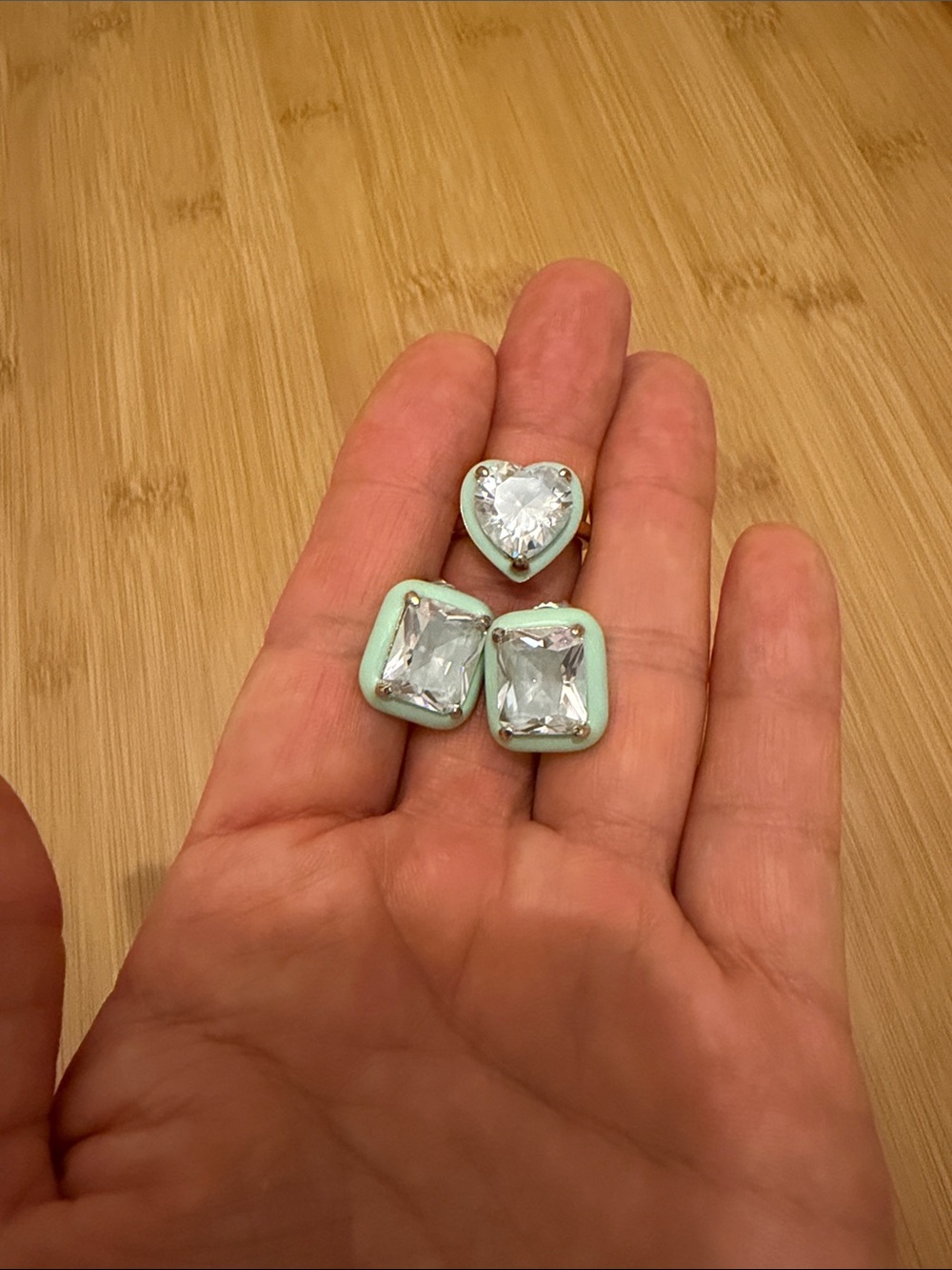 Mint Green Crystal Stud Earrings Set - Heart and Square